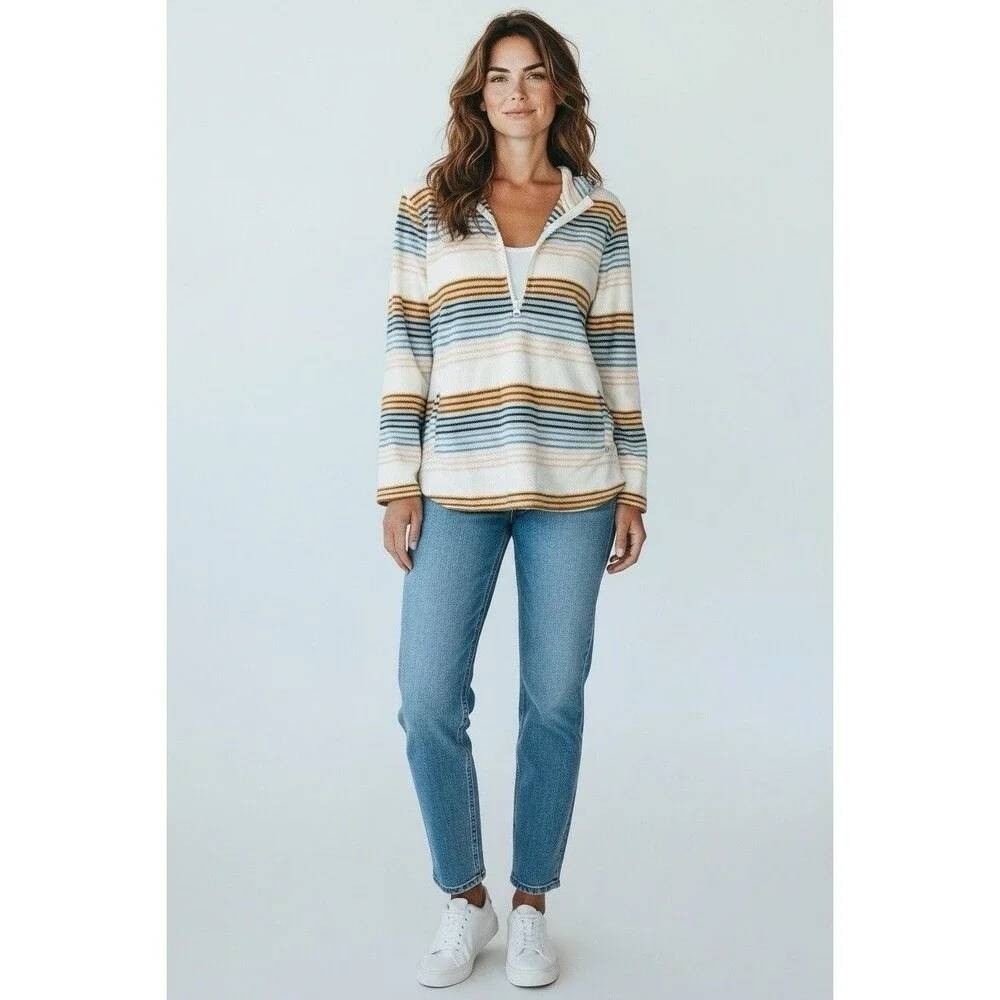 O'Neill Striped Fleece Pullover Hoodie 1/4 Zip Pockets Coastal Beach Cozy Casual